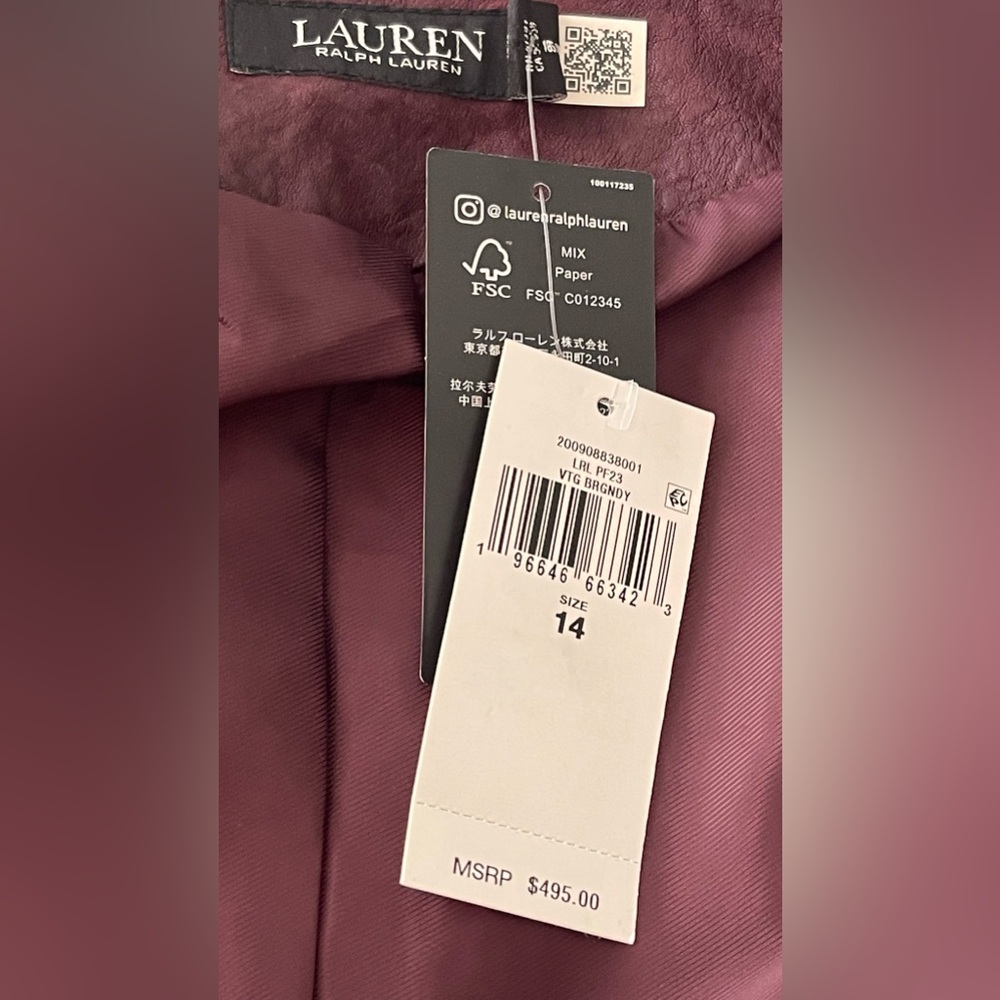 New Lauren Ralph Lauren Wine-Red Color Leather Moto Cafe  Racer Jacket Women’s - Picture 11 of 16